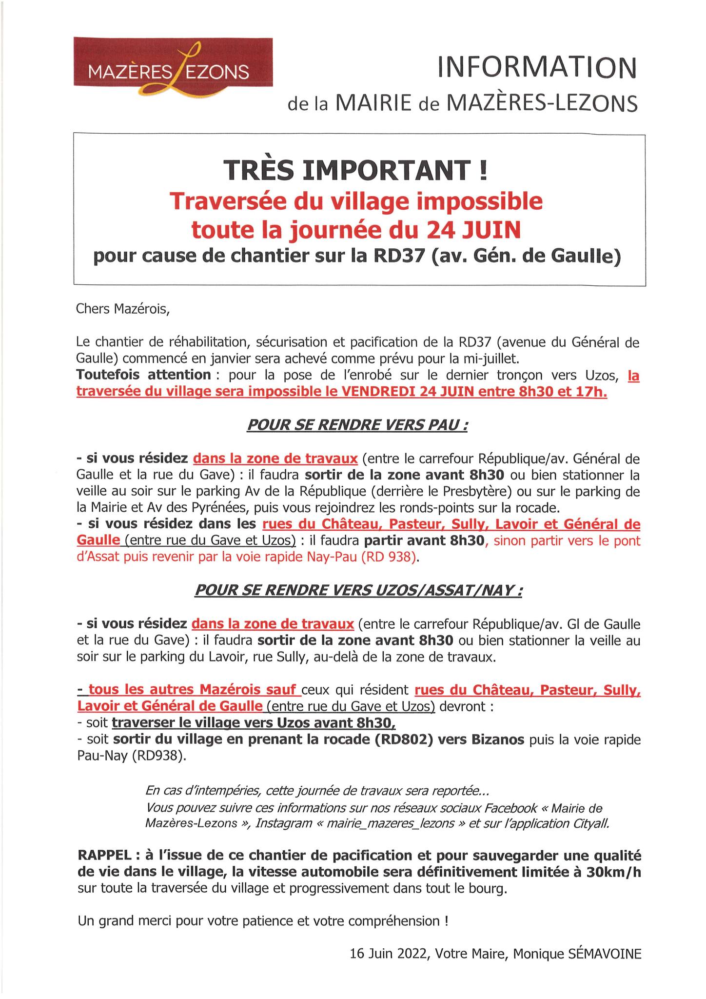 Info Mairie – Fermeture RD37 le 24/06/2022